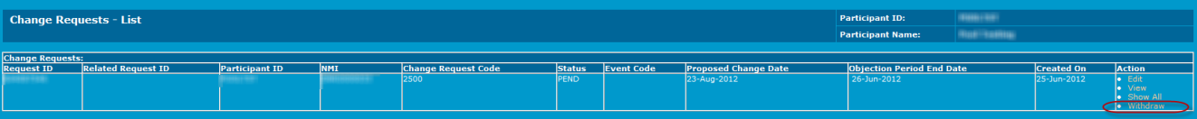 Snapshot of screen Change Requests - List showing1 item with highlight on the action to withdraw