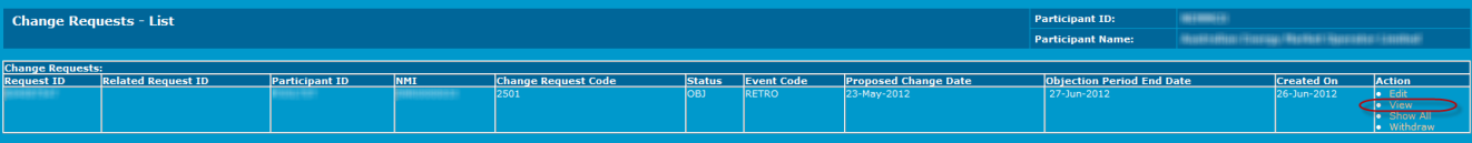 Snapshot of Change Requests - List showing 1 item, with View option highlighted